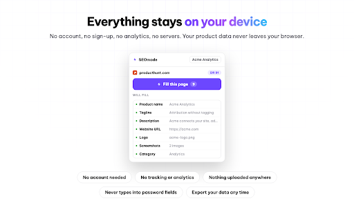 SEOmade Autofill — submit your product anywhere :: Store your product once, then fill any directory submission form in one click — copy, logo, screenshots, category and tags.