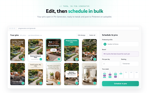Pinterest Pin Generator :: Turn any webpage or image into Pinterest pins. Classic templates or AI designs, AI-written copy, and bulk scheduling.