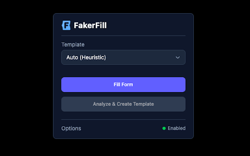 FakerFill :: Auto fill forms with realistic fake data in one click. Test data generator for developers & QA. Powered by Faker.js.