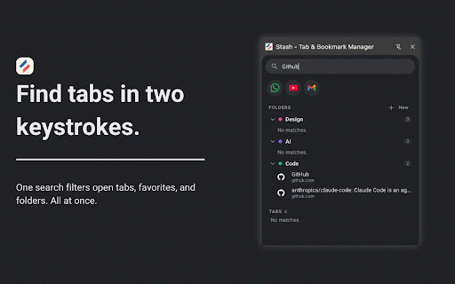 Stash - Tab & Bookmark Manager :: Drowning in tabs? Find any saved tab in seconds and create folders in one click. A Chrome side panel tab and bookmark manager.