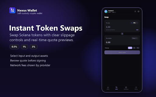 Nexus Wallet :: Self-custody browser wallet with local key storage, multi-account management, asset transfers, swaps, and portfolio tracking.