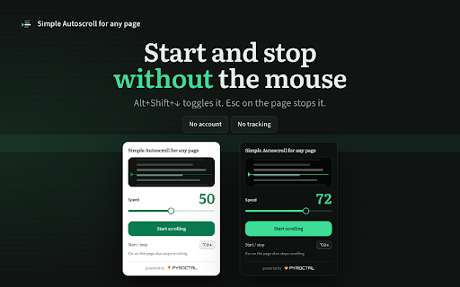 Auto Scroll Down — Simple Autoscroll for Any Page :: Let long pages move at your pace with hands-free scrolling. Set the speed, press Start, and use Esc or a shortcut to stop.
