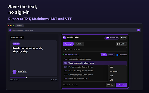 YouTube Transcript — Get Transcript of YouTube Video to Text :: Convert any YouTube video to text and get the youtube transcript — timestamps, search, translate, copy and export to TXT/SRT/VTT.