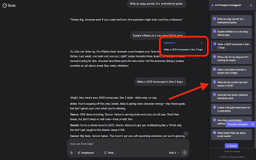 AI Prompts Navigator :: Navigate AI chat conversations with ease. Instantly Jump between questions in ChatGPT, Claude, Gemini & more using this side panel.