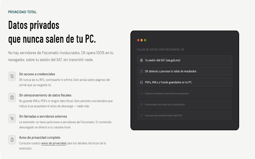 Fiscomatic DX :: Descarga masiva de CFDI del SAT (XMLs y PDFs) con filtros por estado y tipo. Reporte Excel. 100% local, sin registro.