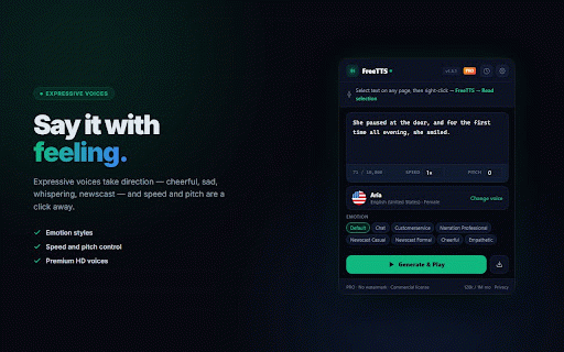 FreeTTS — Free Text to Speech :: Read any web page aloud with 400+ AI voices. AI Summary, Theatre Mode, listen queue, HD voices, background play.