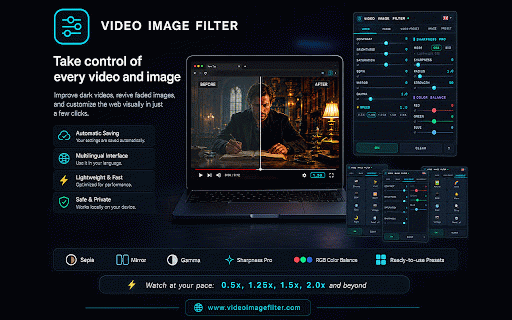 VIDEO IMAGE FILTER :: Control contrast, brightness, saturation, sharpness, color balance, and playback speed on any video and image in the browser.