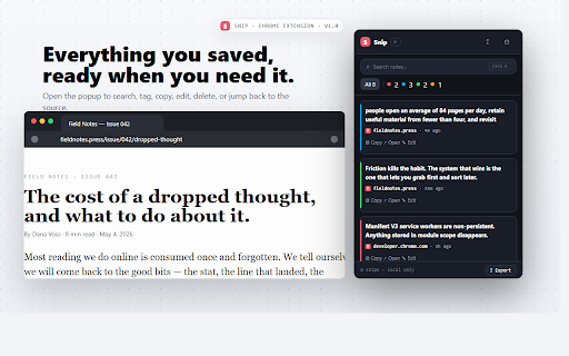 Snip - Save Text and Notes from Any Website :: Save text and notes from any website in one click. Search, tag, copy, and export local notes.