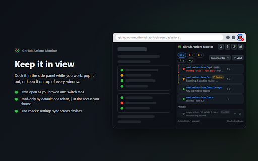 GitHub Actions Monitor :: Live GitHub Actions status in your toolbar: why a run failed, step-by-step progress, deploys awaiting review, and alerts.