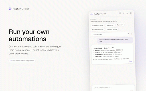 Hiveflow - AI Agent Orchestrator :: AI copilot in your side panel: chat with page context, write emails in Gmail, and run your Hiveflow agents on any website.