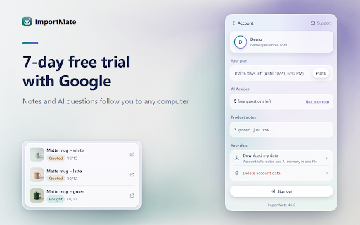 ImportMate – Taobao & 1688 Image Downloader + AI Sourcing Advisor :: Download Taobao, Tmall & 1688 product images, variants and videos in batches, with image copies, notes and an AI sourcing advisor.