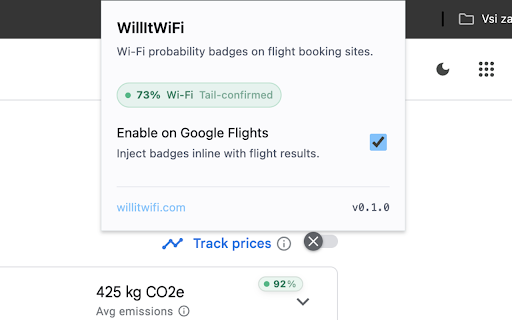 WillItWiFi — Flight Wi-Fi badge :: In-flight Wi-Fi probability inline on Google Flights. Click any flight for ratings, confidence, and reasoning on willitwifi.com.