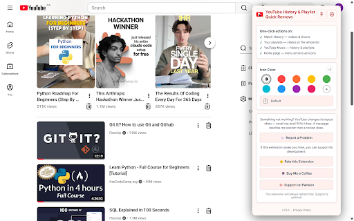 YouTube History & Playlist Quick Remove :: One-click removal from YouTube & YouTube Music history and playlists, plus quick menu actions under every video on the Home page.