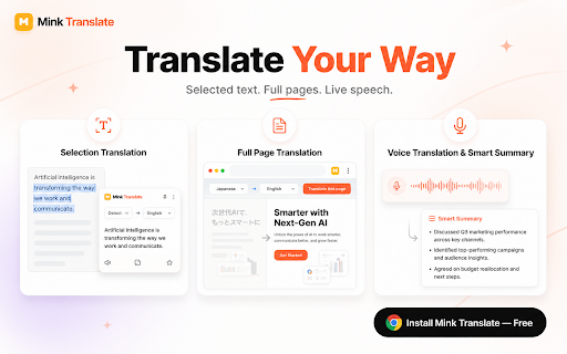 Mink Translate :: Real-time meeting & video translator with captions, AI minutes, action items, two-way cabin mode and read-aloud. 100+ languages.
