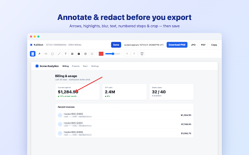 FullShot - Full Page Screenshot & Scrolling Screen Capture Tool :: Full-page, scrolling, visible & region screenshots — then annotate with arrows, blur, text & crop. 100% local. PNG/JPG/PDF.