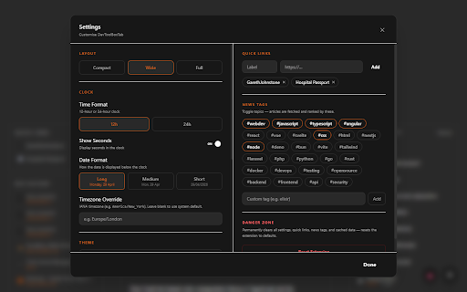 DevToolboxTab :: A customizable developer new tab dashboard with quick links, Git activity, dev news, and built-in coding tools.