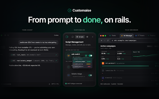 Customaise: AI Userscript & Agentscript Manager. Powered by MCP & WebMCP :: Custom programmable tools for every open tab. For you, or for your AI.