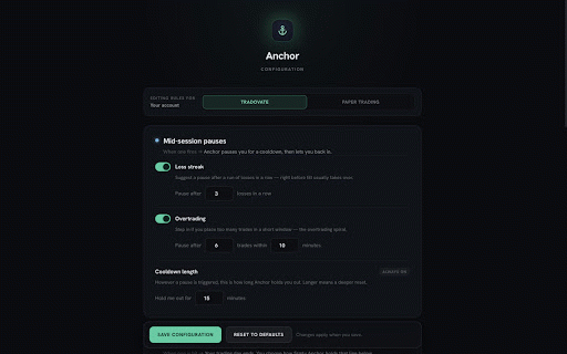 Anchor :: Enforces trading discipline on TradingView with cooldowns, journaling, and daily loss-limit locks.
