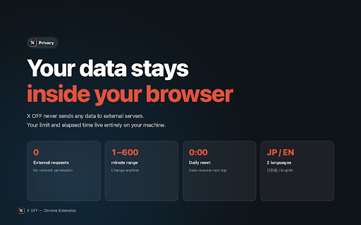 X (Twitter) OFF: Daily Time Limit for X :: Set a daily time limit on X. Active viewing is measured; scrolling is blocked when the cap is reached. You can lift it yourself.
