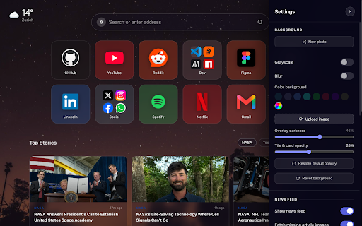 Dial & Digest - New Tab, Speed Dial & News Feed :: New tab dashboard: speed dial shortcuts & folders, live RSS news feed, weather, clock, search bar, custom backgrounds.