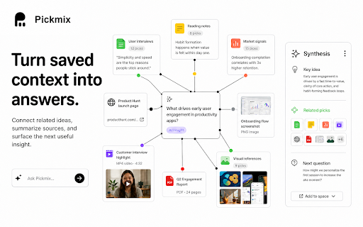 Pickmix - Knowledge base and growth AI Agent :: Pickmix builds a visual AI knowledge base from your research. Capture, organize, and synthesize web content in one workspace.