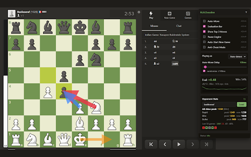 RUSChessBot :: Stockfish chess analysis for chess.com — live evaluation, top-3 move suggestions, opponent stats, and coaching.