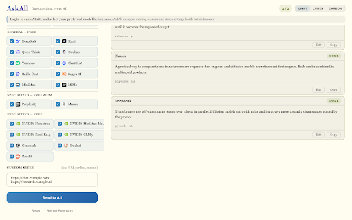 AskAll — Ask Multiple AI Chatbots, Compare Side by Side :: Send one question to ChatGPT, Gemini, Claude, DeepSeek, Grok and 20+ AI provider presets. Compare responses side by side.