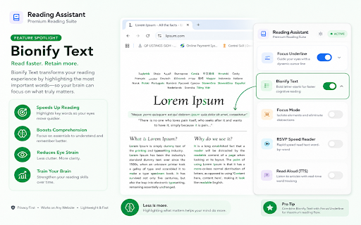 Reading Assistant: Focus & Speed Reader :: Read faster and eliminate screen fatigue with 5 tools: Smart Underline, Bionify, Focus Mode, Speed Reader, and Text-to-Speech.