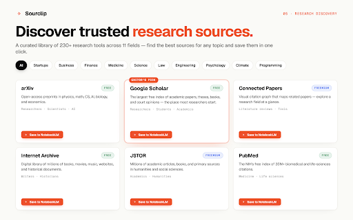 Sourclip — NotebookLM Research Workspace :: The complete workspace for Gemini NotebookLM — capture AI chats, discover sources, organize knowledge, and listen anywhere.