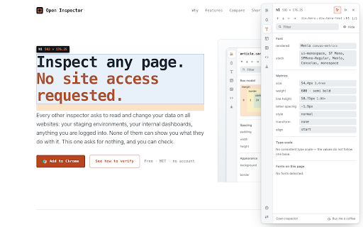 Open Inspector :: Inspect layout, styles and design tokens on any page. Free, open source, and never sends anything anywhere.