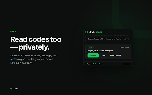 Qode — QR Code Generator & Scanner for Any Page or Text :: Generate & scan QR codes on any page. URL, WiFi, vCard, text & more. Style with colors, logo, export PNG/SVG. 100% local, no signup.