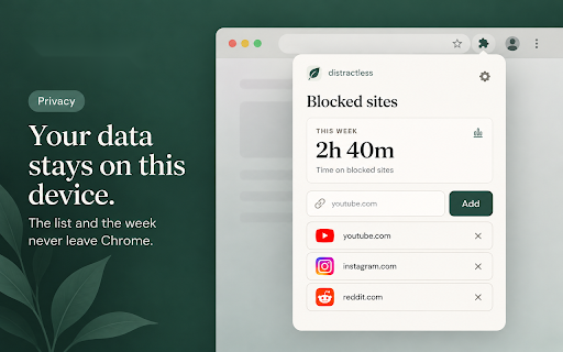 Distractless - Mindful Website Blocker :: Website blocker for Chrome that pauses instead of locking. Block distracting websites, set session limits, see a weekly summary.