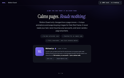 Motion Guard — Freeze Animations :: Freeze animations, transitions, JS motion, and looping GIFs in one click. Calmer pages for motion-sensitive browsing.