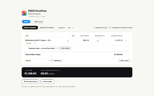 FRSH PriceView :: Switch currencies and generate quotes on the Freshworks pricing pages.