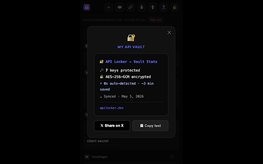 API Locker :: Store, organize & auto-suggest API keys in Chrome. AES-256 encrypted. Smart site detection. Your keys never leave your device.