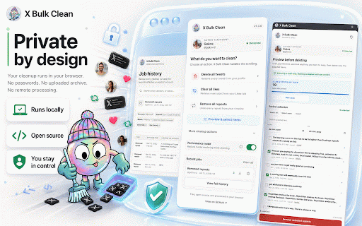 X Bulk Clean :: Free bulk cleanup tools for X. Delete posts/replies, remove likes/reposts, manage follows, and export CSV backups locally.
