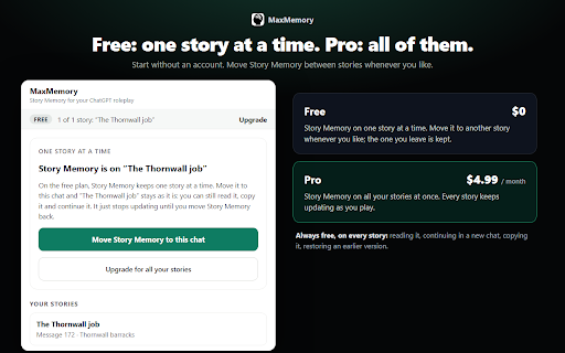 MaxMemory - Story Memory for ChatGPT roleplay :: ChatGPT forgets your story. Story Memory keeps the scene, your character and the cast, and continues it in a new chat.
