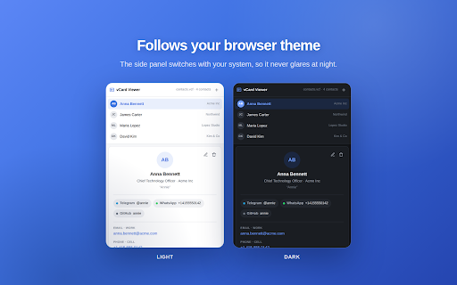 vCard Viewer — VCF Reader and Editor for .vcf Files :: Open and edit VCF/vCard files in Chrome's side panel. Save contacts, export to CSV, and copy details.