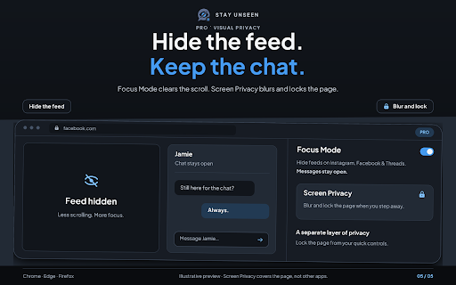 Stay Unseen: Hide Seen, Read Receipts & Downloader :: Control read receipts, typing indicators and story views on supported sites. Pro adds media downloads and focus tools.