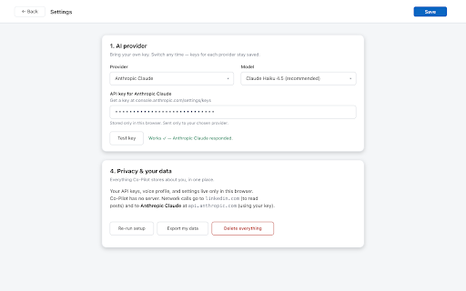 LinkedIn Co-Pilot :: Draft thoughtful LinkedIn comments in your voice. Works with Gemini, OpenAI, Claude, OpenRouter. Drafts only — never posts.