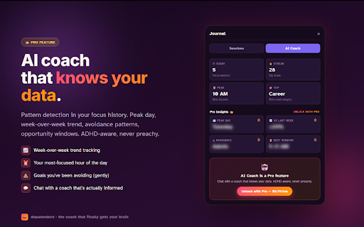 Dopamodoro - ADHD Pomodoro Timer & AI Focus Coach :: Pomodoro built for ADHD brains. Dopamine-positive focus sessions with an AI coach, session journal, streaks, and achievements.