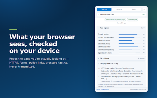 WebTrustScore™ — Site Trust Check :: Know before you trust. One clear 0–1000 trust score for any website, with the evidence behind it. Free, no account needed.
