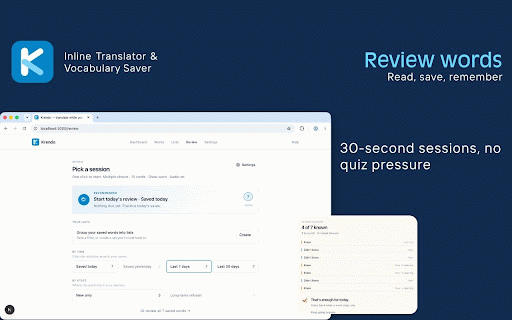 Krendo - Inline Translator & Vocabulary Saver :: Translate inline while you read. A quiet hand on the page — save what stopped you, come back to remember. No account.