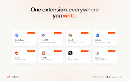 Hastewire: AI Humanizer & AI Detector :: Humanize AI text and detect AI content instantly on any webpage. Bypass AI detectors with one click. 7+ languages.