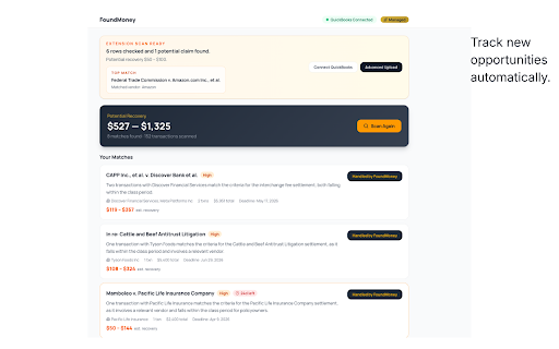 FoundMoney — Settlement Finder :: Track claim opportunities, scan financial pages, and discover business settlements you may qualify for.