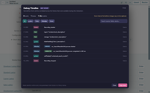 GlideLens :: A lens on ServiceNow forms, catalogs and code: code search, catalog debugging, translation inheritance, form tracing.