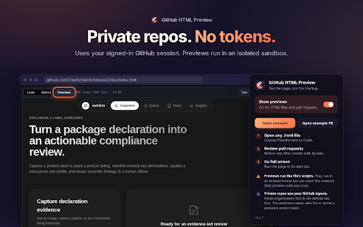 GitHub HTML Preview :: Run and compare commit-pinned public and private HTML directly on GitHub