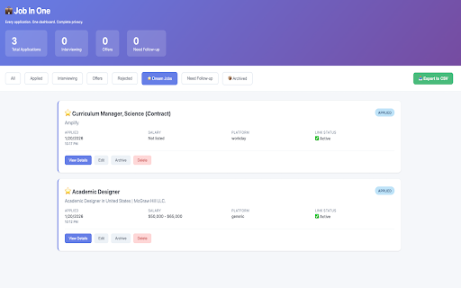 Job In One :: Track your job search in one place, from any site, privacy-first, no account required