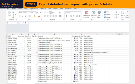 Bulk Cart Adder for Amazon US :: Bulk add products to Amazon US cart from Excel/CSV. Detects unavailable items. Exports cart report with prices & totals.