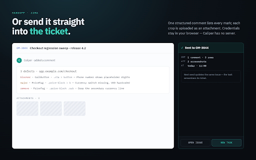 Caliper QA — UI Marks & Bug Traces for AI Coding Agents :: Mark up any web UI or record a bug trace — DOM, console, network and store — and hand it to Claude Code, Cursor or any AI agent.